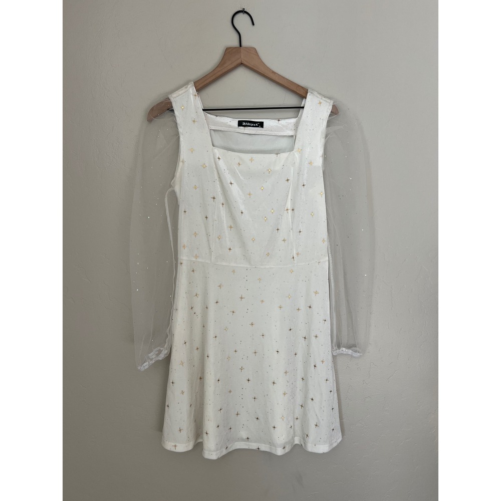 Allegra K White Velvet Star Print Square Neck Mesh Sleeve Dress‎ Women's M